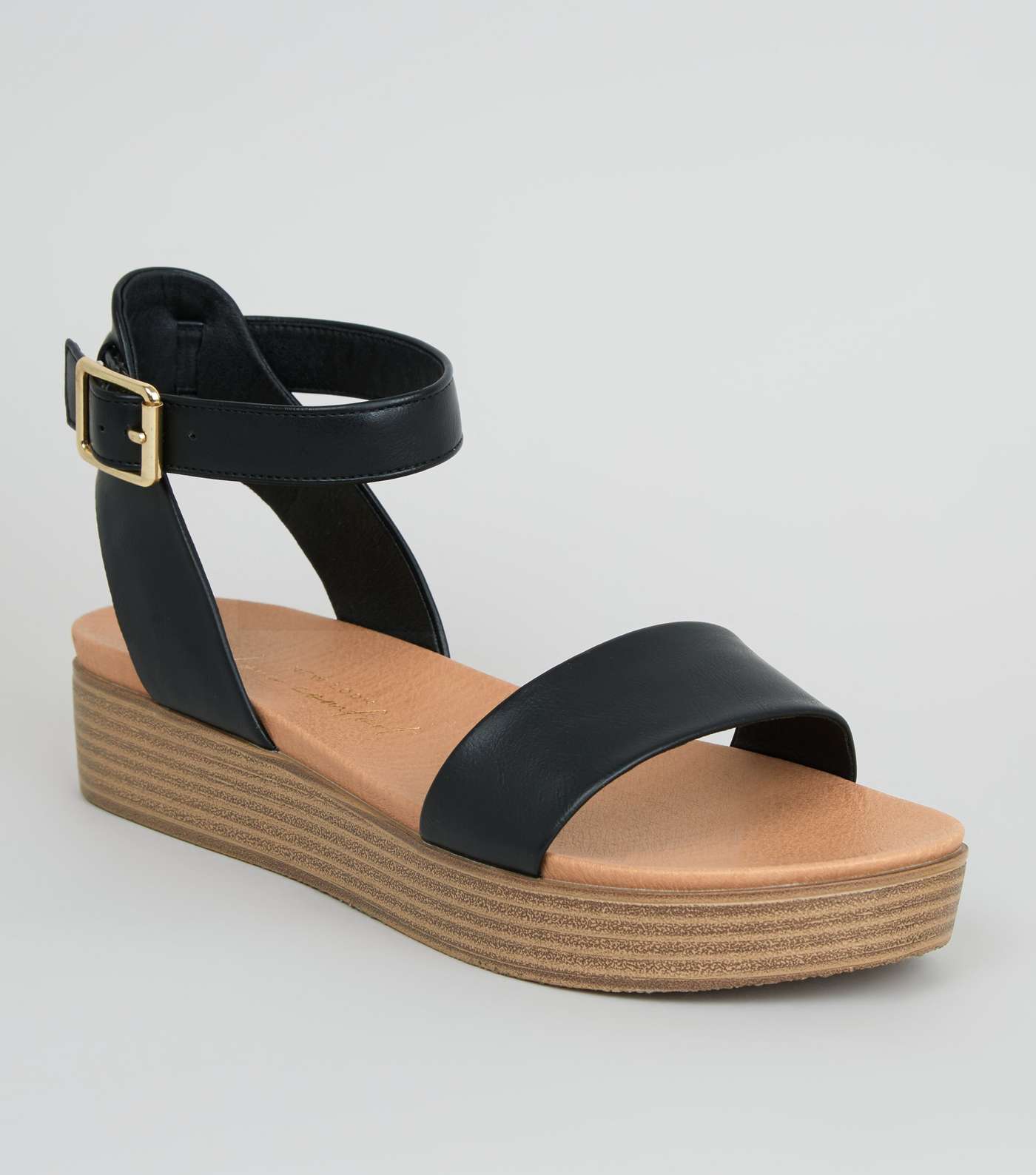 Black Leather-Look Strap Flatform Footbed Sandals