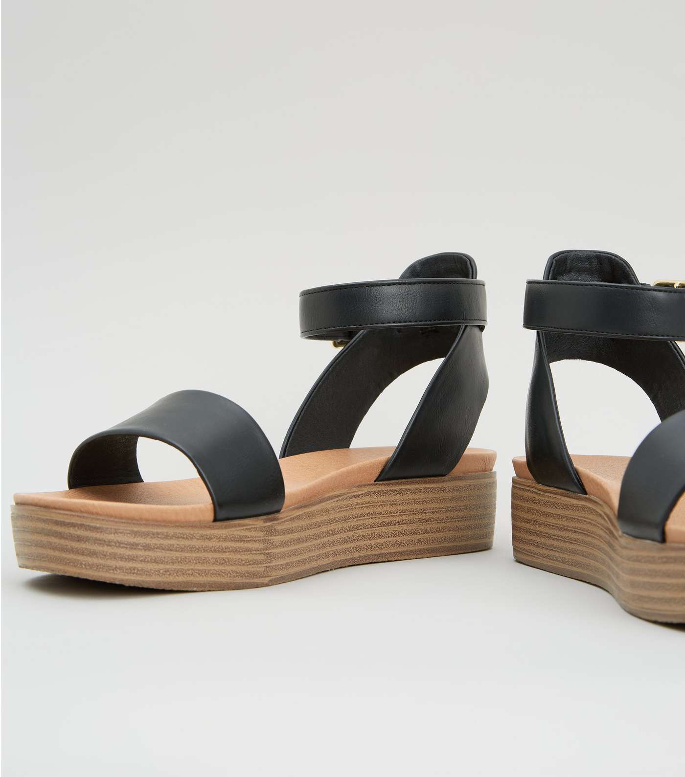 Black Leather-Look Strap Flatform Footbed Sandals Image 3