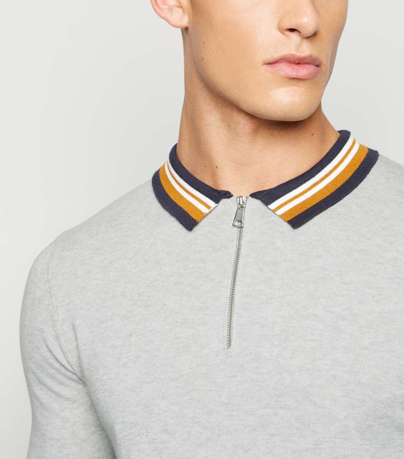 Grey Zip Collar Long Sleeve Polo Shirt Image 5