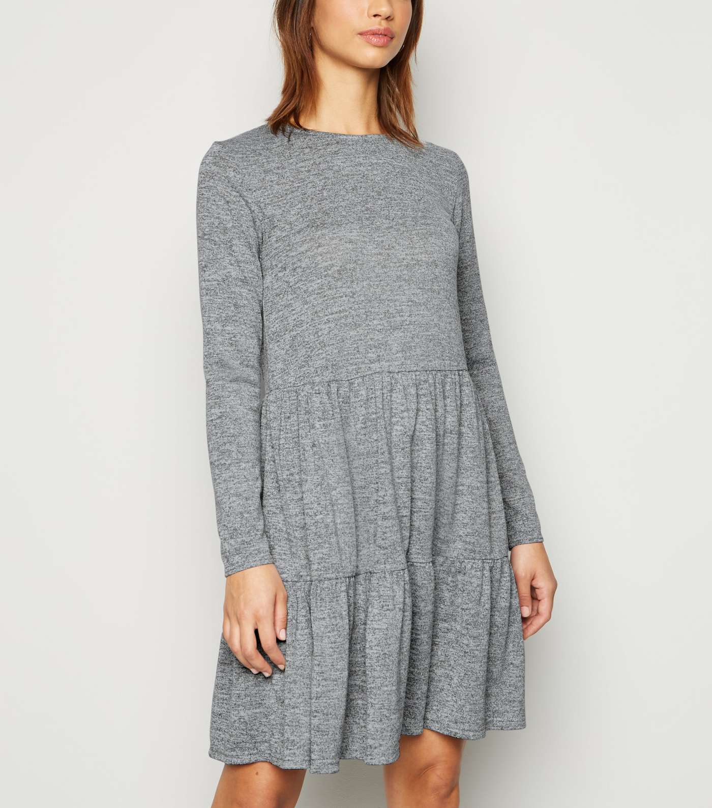Grey Fine Knit Tiered Mini Smock Dress