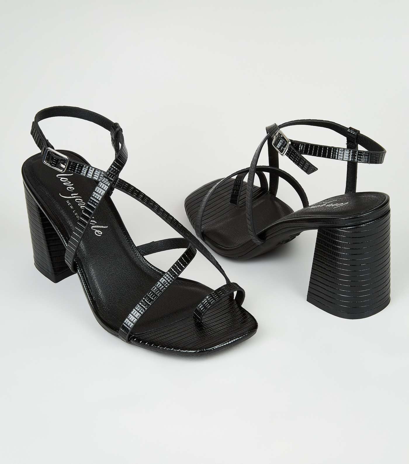 Black Faux Snake Strappy Flared Block Heels Image 3