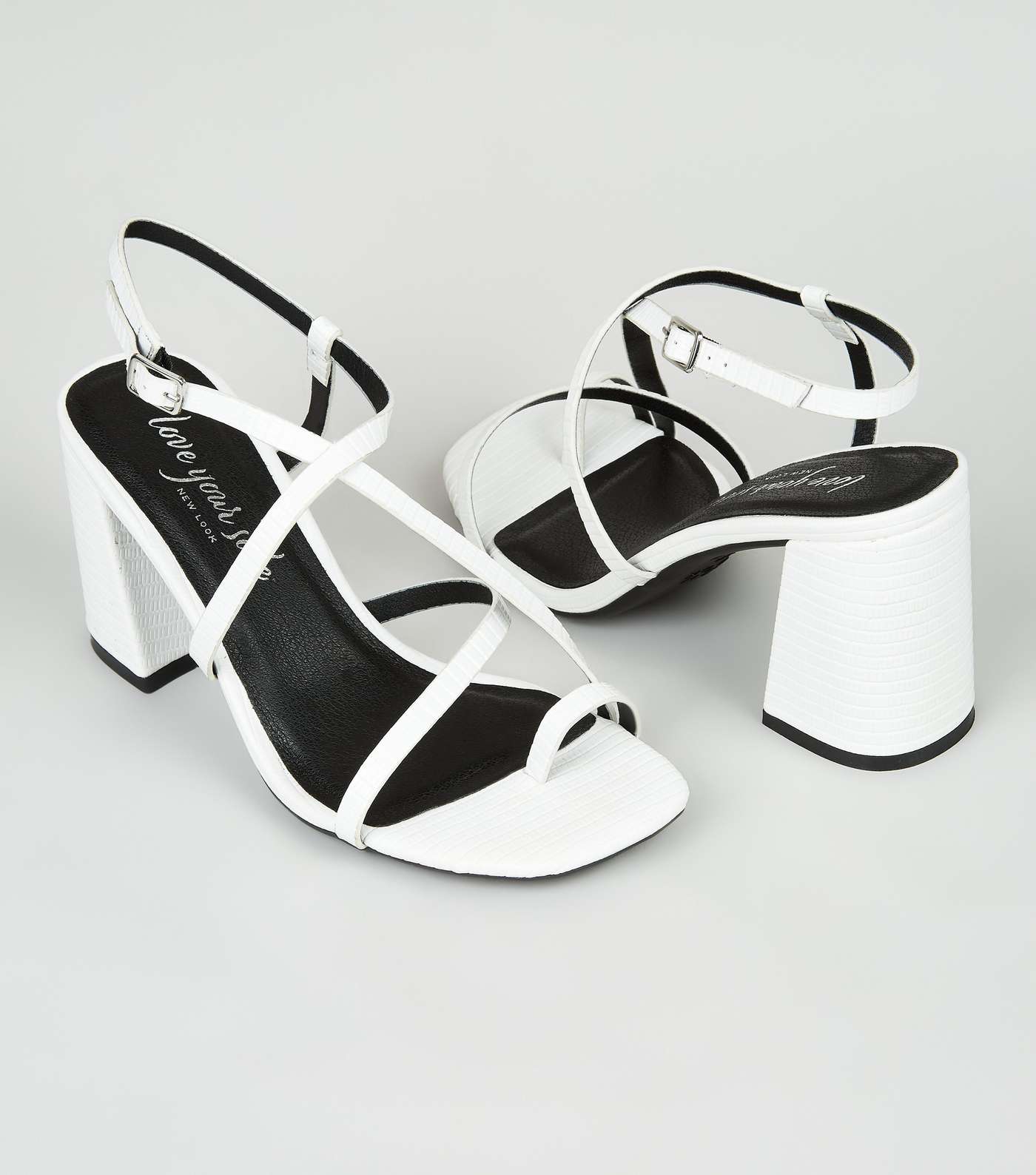 White Faux Snake Strappy Flared Block Heels Image 3