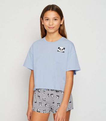 Girls Blue Panda Print Short Pyjama Set 