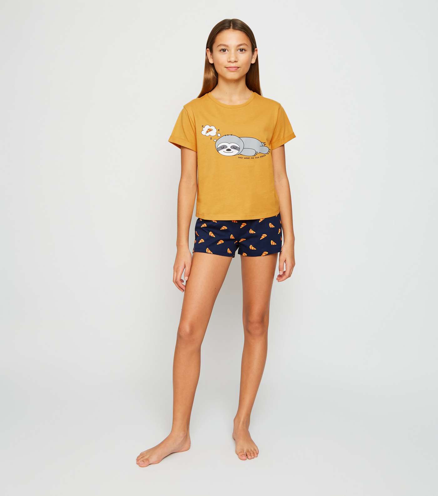 Girls Mustard Pizza Sloth Slogan Short Pyjama Set Image 2