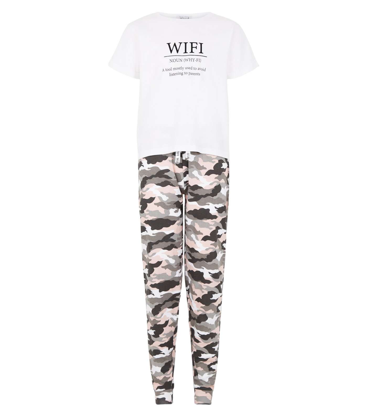 Girls White Wifi Slogan Camo Pyjama Set Image 4