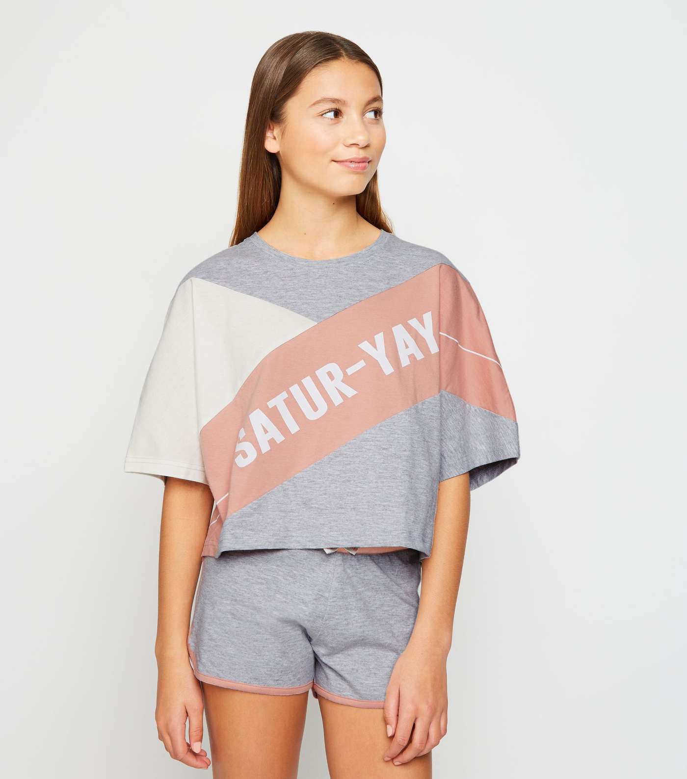 Girls Light Grey Satur-Yay Colour Block Slogan Pyjama Set