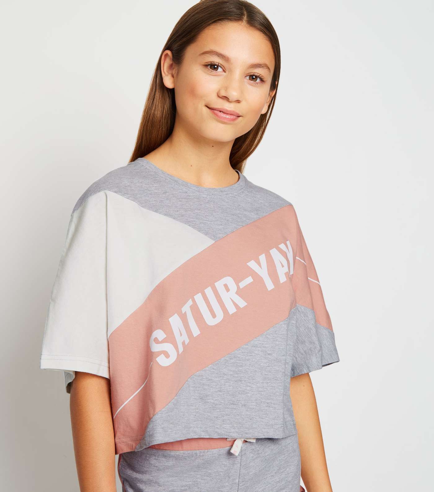 Girls Light Grey Satur-Yay Colour Block Slogan Pyjama Set Image 5