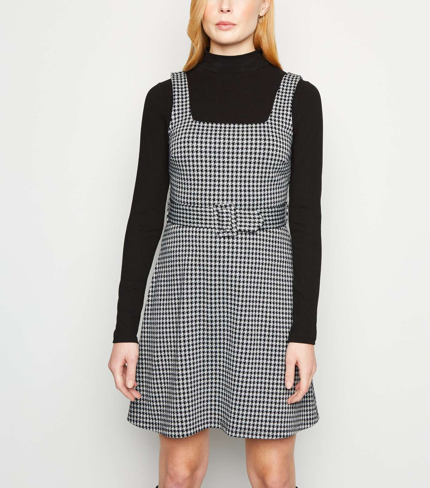 Black Dogtooth Belted Pinafore Dress