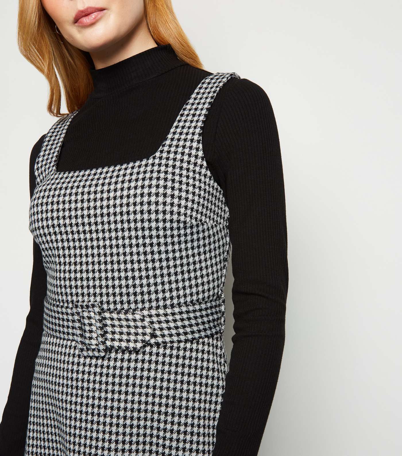 Black Dogtooth Belted Pinafore Dress Image 5