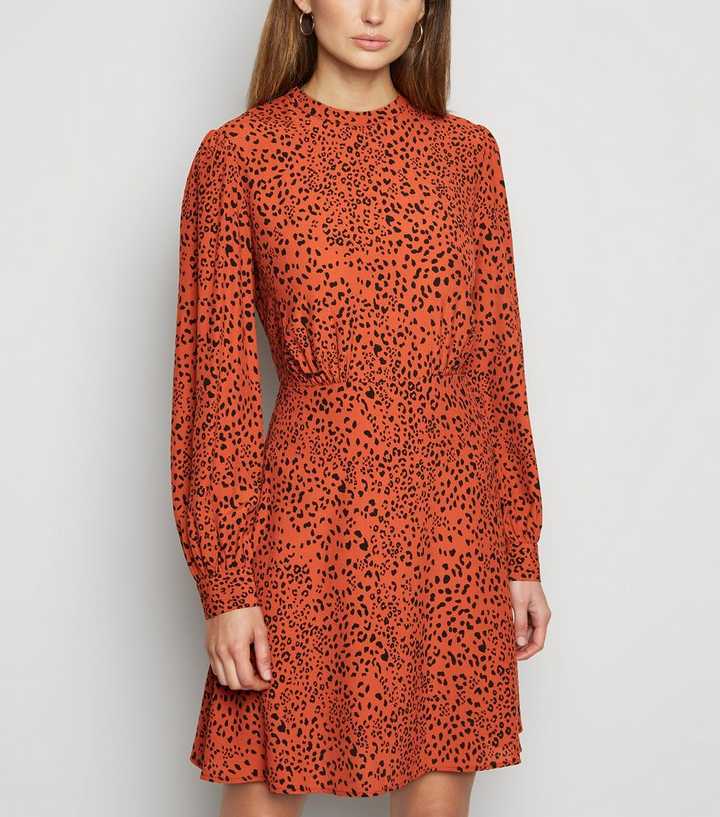 Rust Animal Print High Neck Puff Sleeve Dress