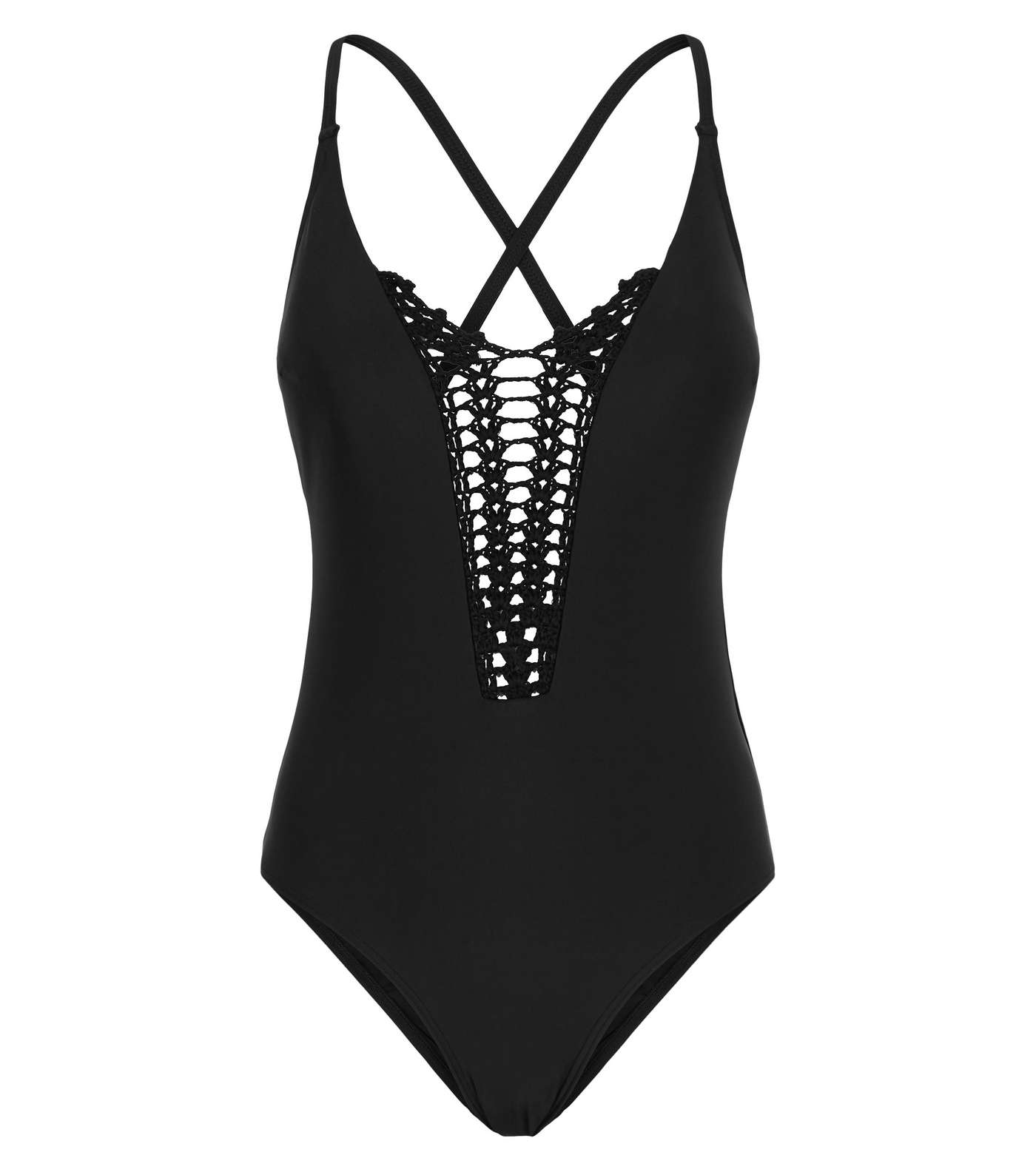 Black Crochet Plunge Swimsuit Image 3