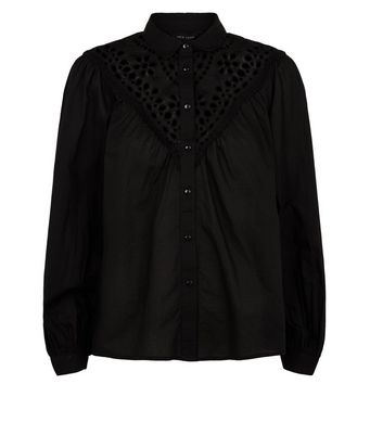 Image of Black Broderie Long Puff Sleeve Shirt New Look