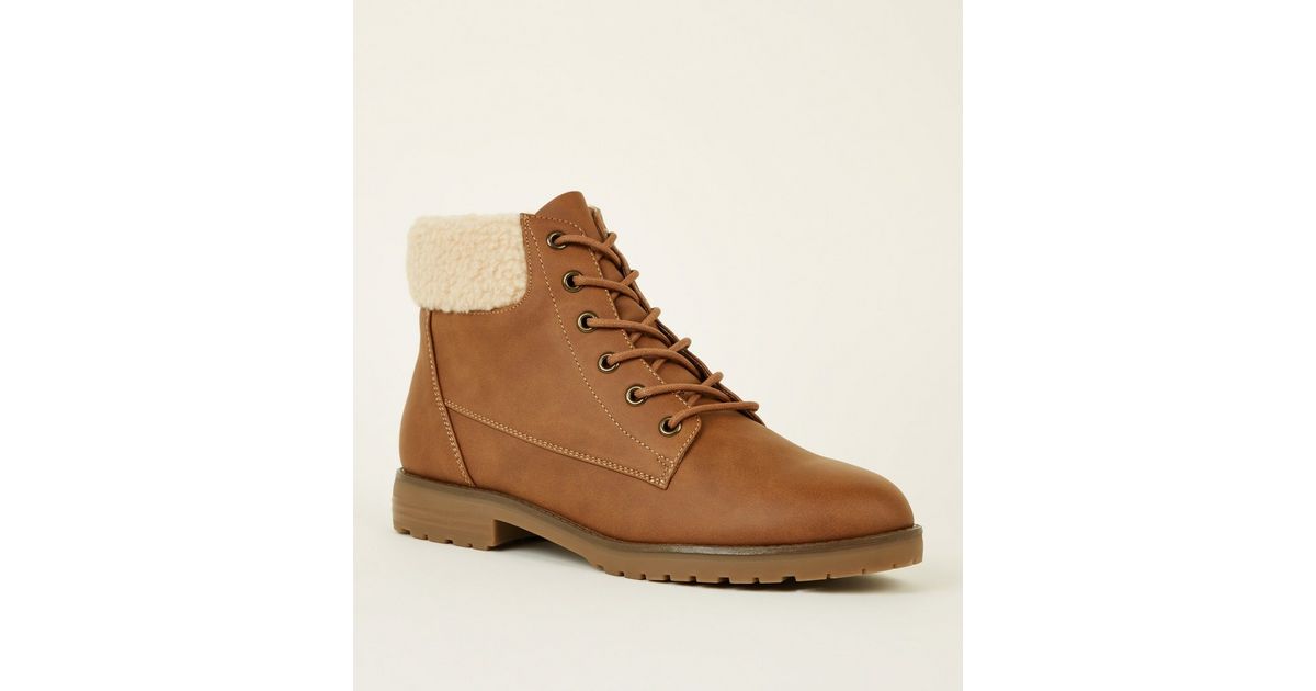 Tan Leather-Look Teddy Cuff Lace Up Boots | New Look