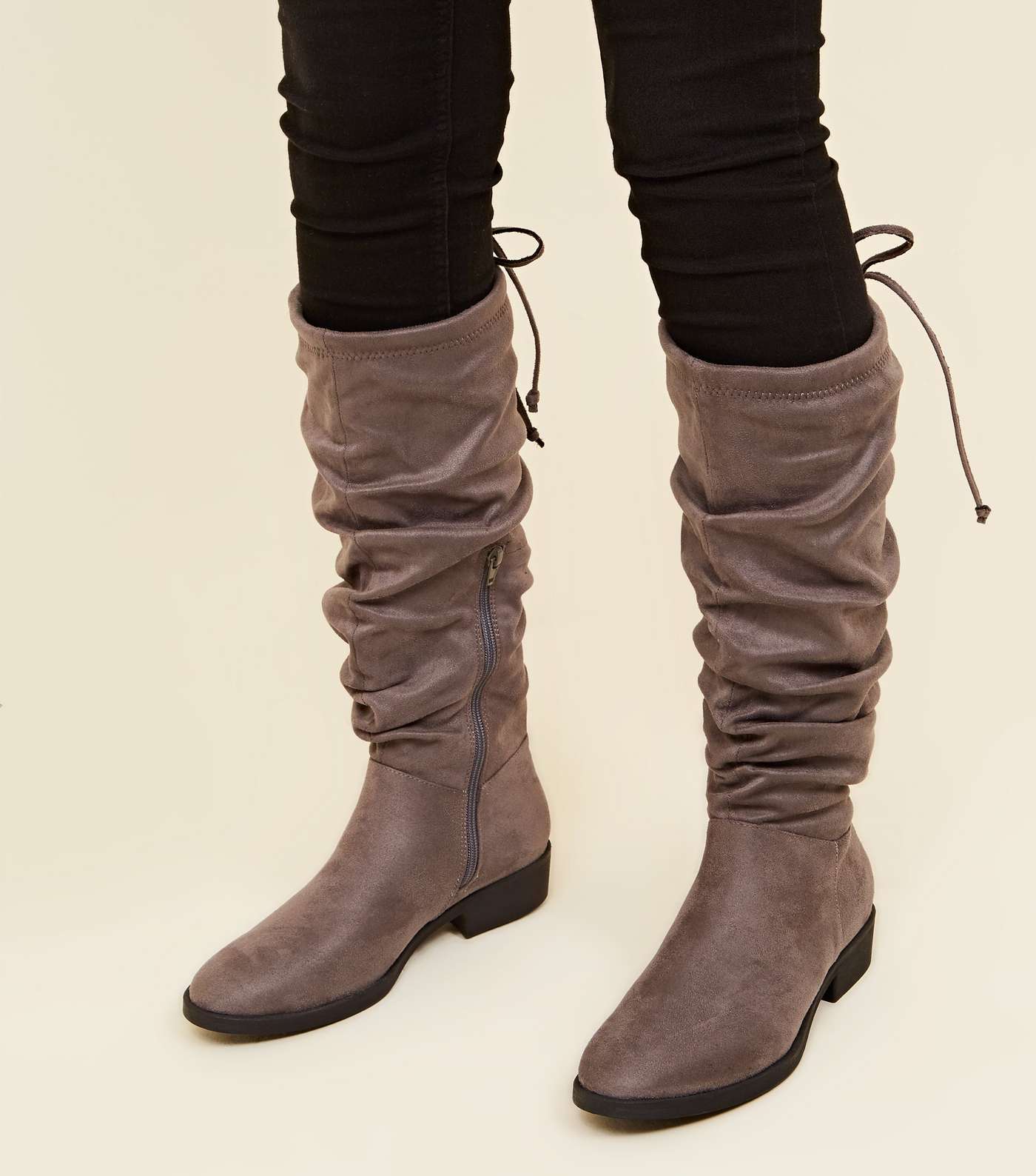 Grey Suedette Flat Slouch Calf Boots Image 2