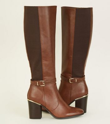 Tan Leather-Look Heeled Knee High Boots 