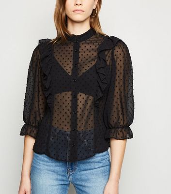Black Chiffon Spot Frill Trim Shirt 