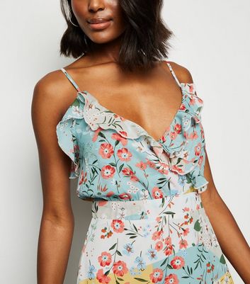 Image of Blue Vanilla Multicoloured Floral Wrap Midi Dress New Look