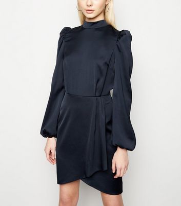 navy satin long sleeve dress