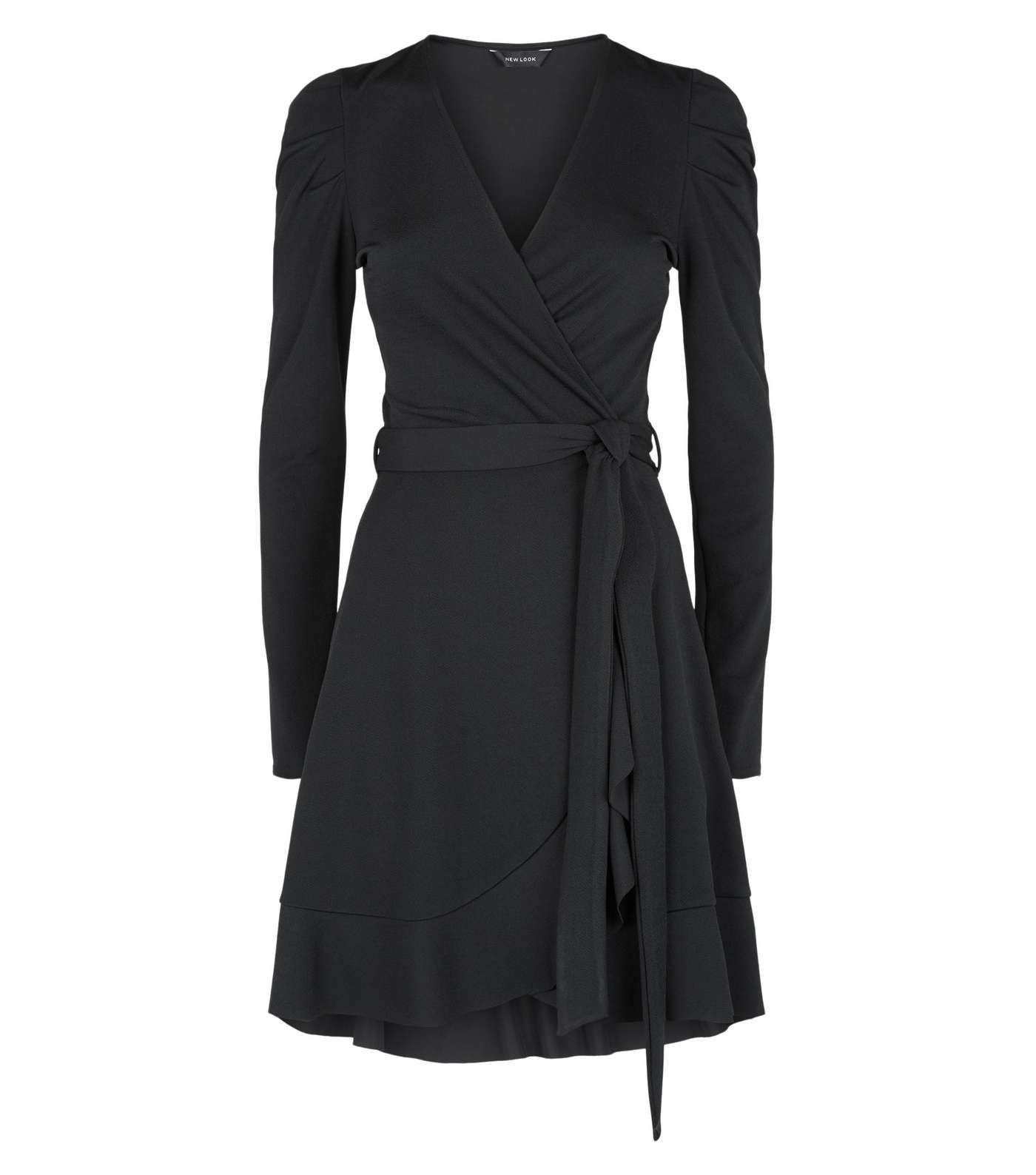Black Puff Shoulder Mini Wrap Dress Image 4