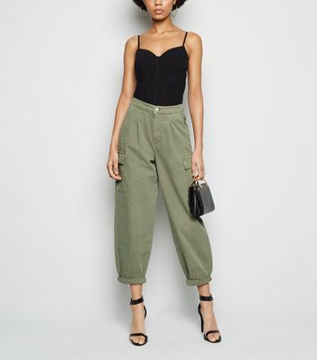 Image of Olive Balloon Leg Cargo Trousers New Look