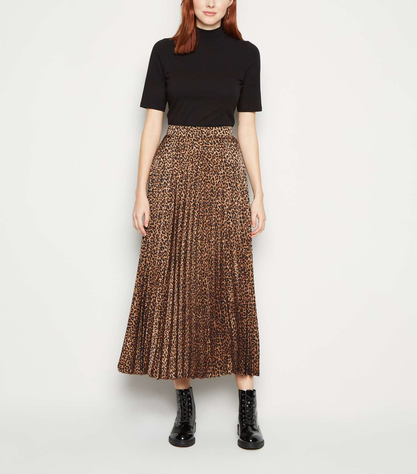 Tall Brown Satin Leopard Print Pleated Midi Skirt 