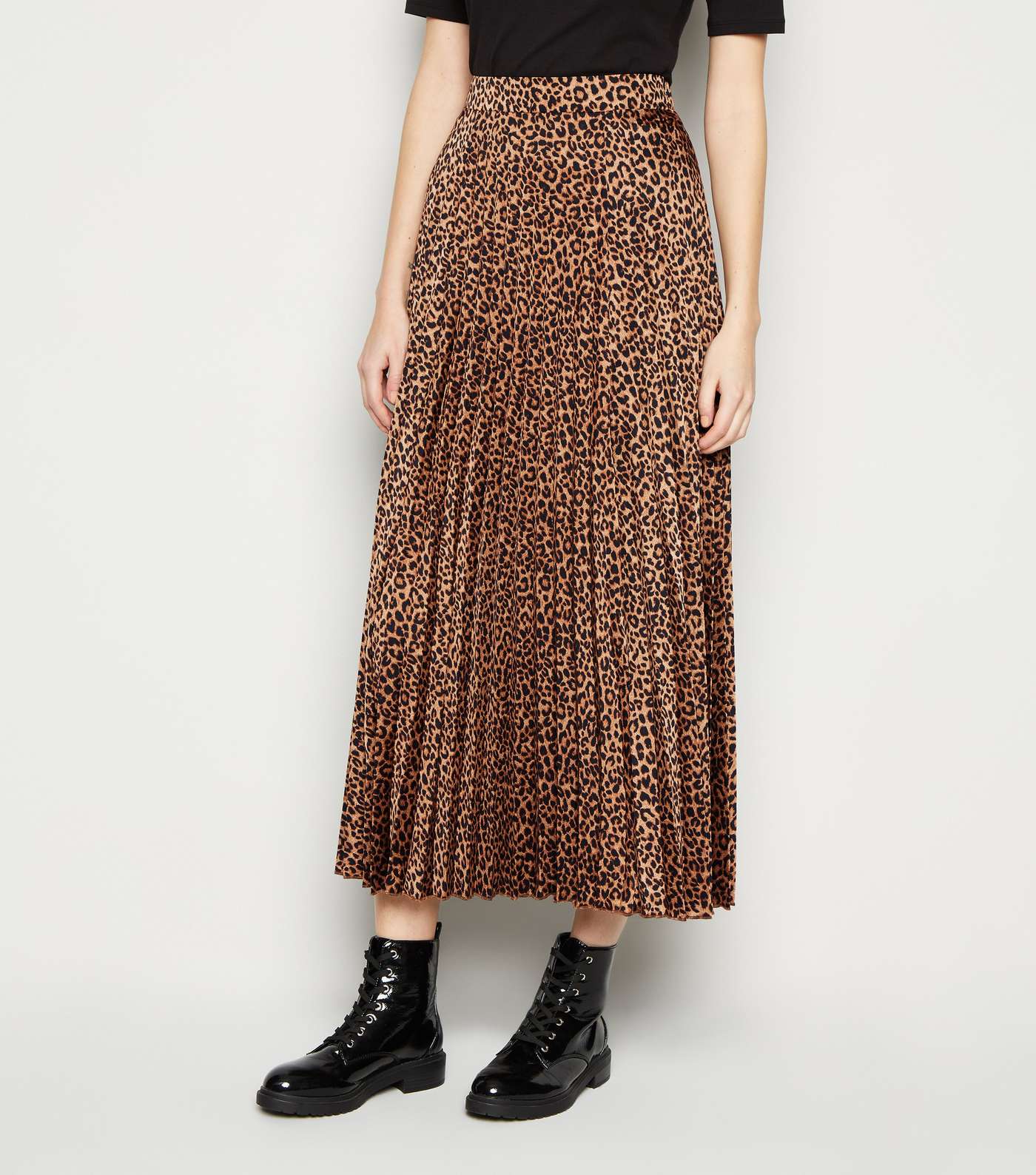 Tall Brown Satin Leopard Print Pleated Midi Skirt  Image 2