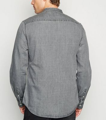 Image of Grey Grandad Collar Denim Shirt New Look