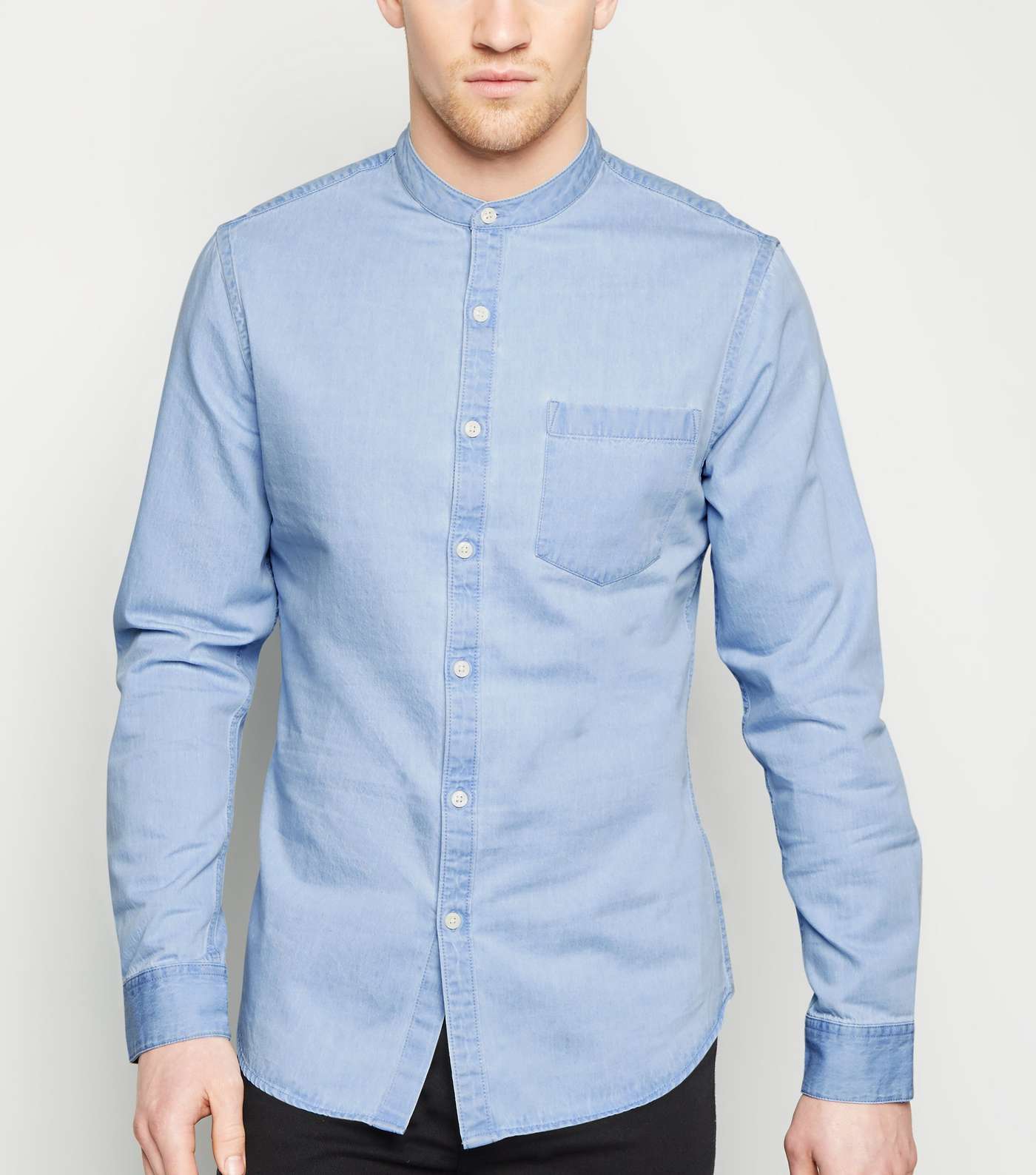 Pale Blue Grandad Collar Denim Shirt