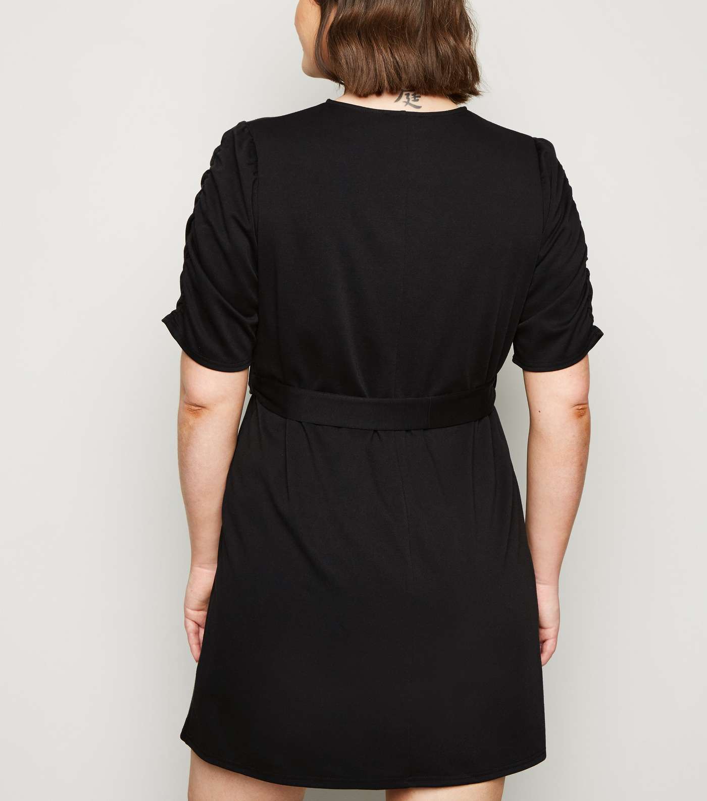Curves Black Ruched Sleeve Belted Dress Image 3