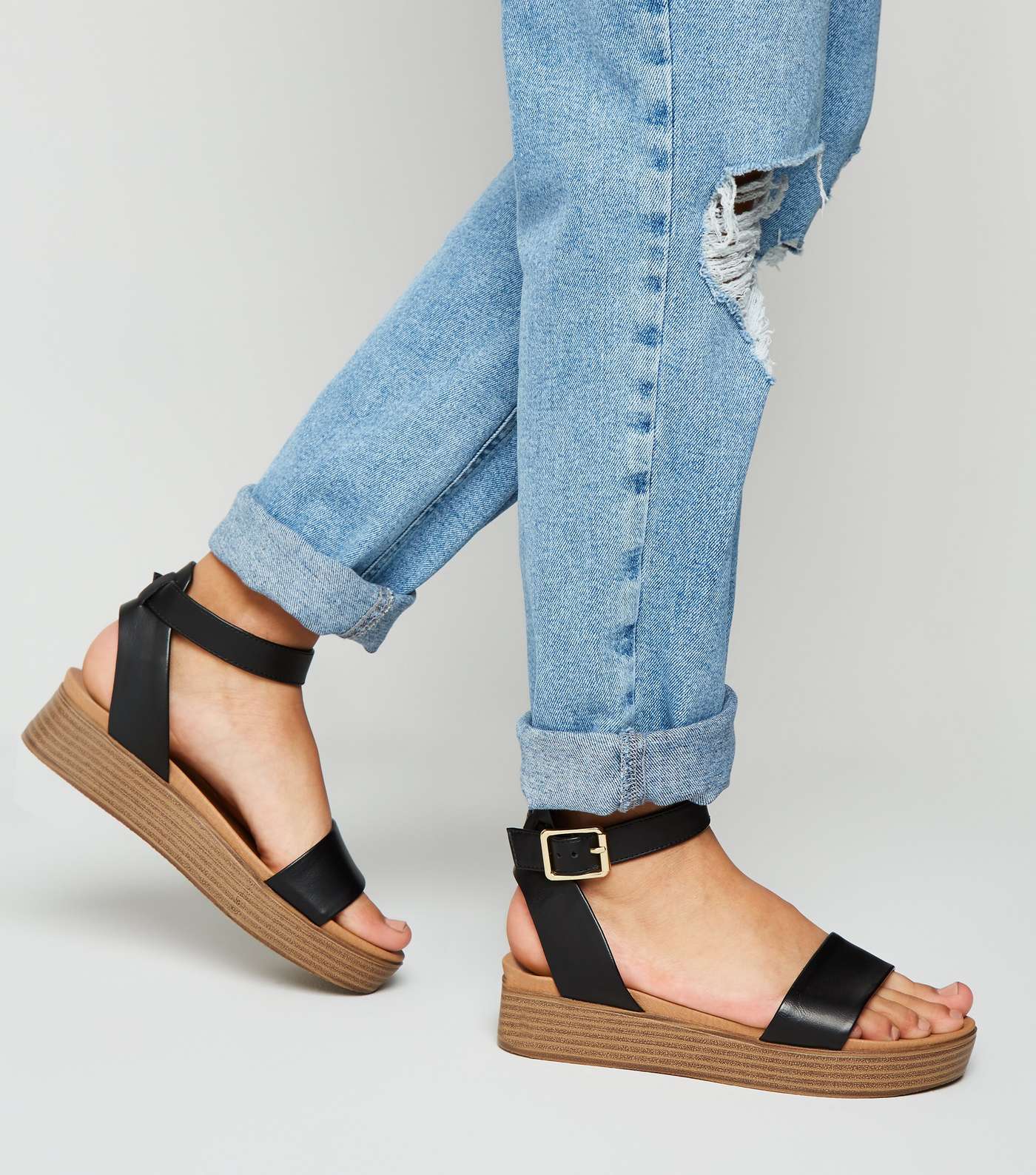 Girls Black Leather-Look Footbed Flatform Sandals Image 2