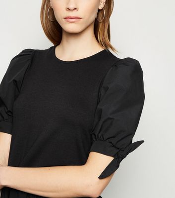 Black Poplin Puff Sleeve Peplum Hem Top 