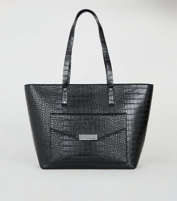 Black Faux Croc Tote Bag | New Look