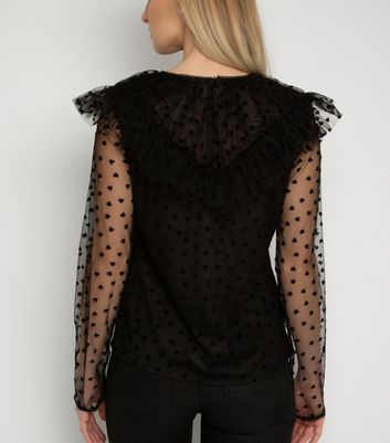 Image of Gini London Black Heart Mesh Ruffle Top New Look