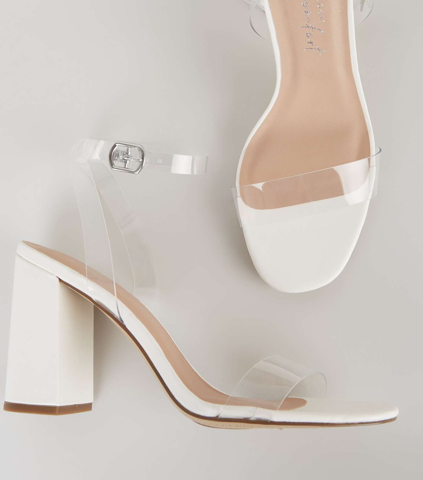 White Leather-Look Clear Strap Flared Block Heels Image 4
