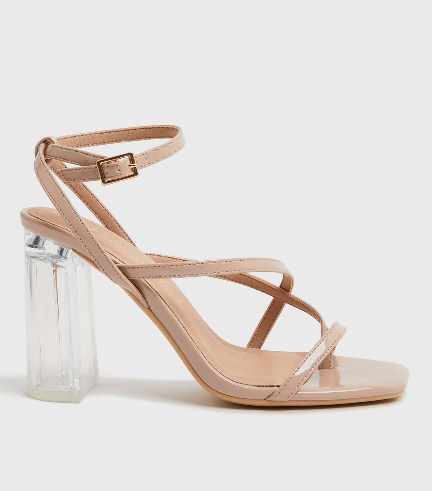 Pale Pink Leather-Look Clear Strap Block Heels