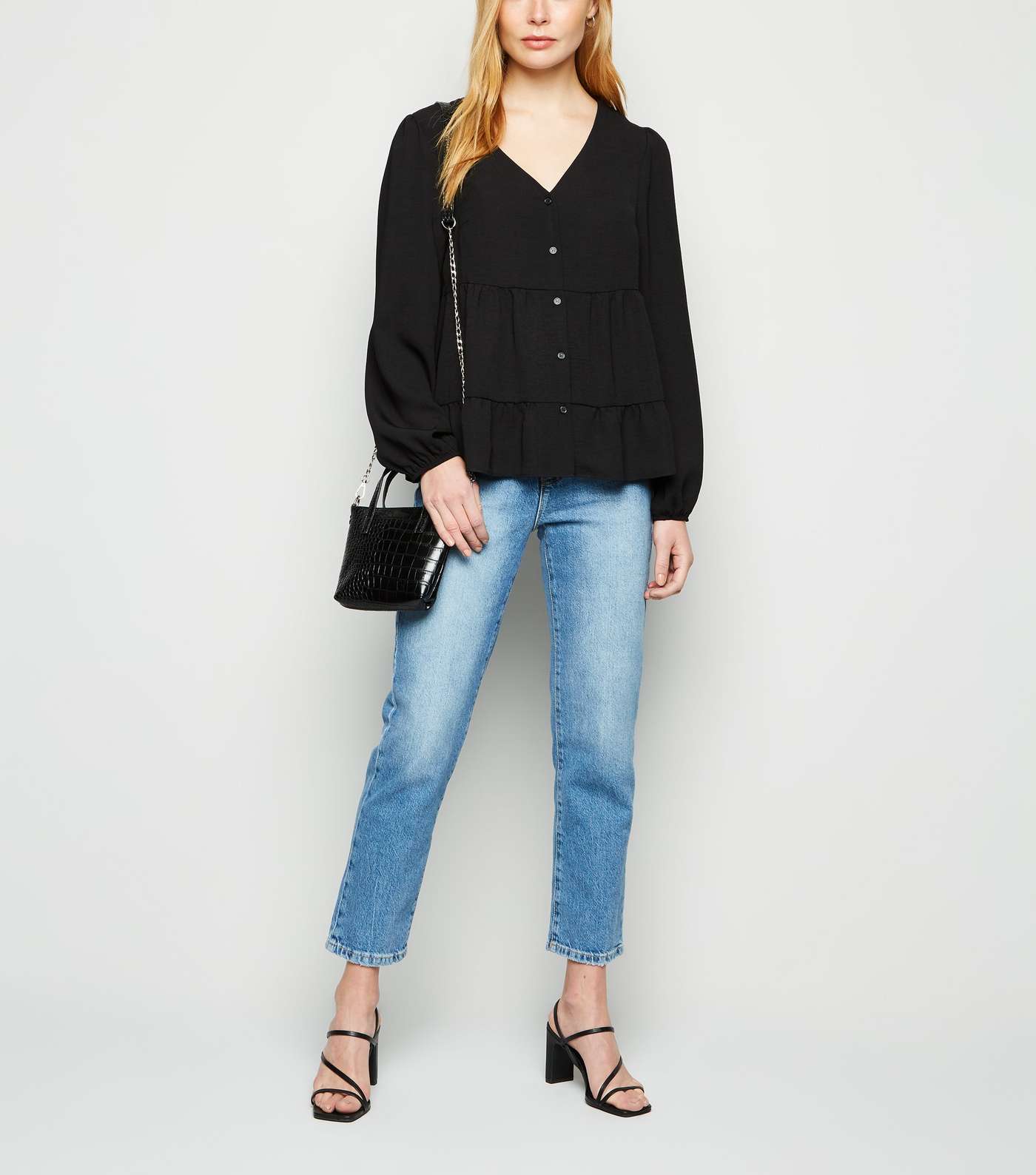 Black Tiered Button Up Long Sleeve Blouse Image 2