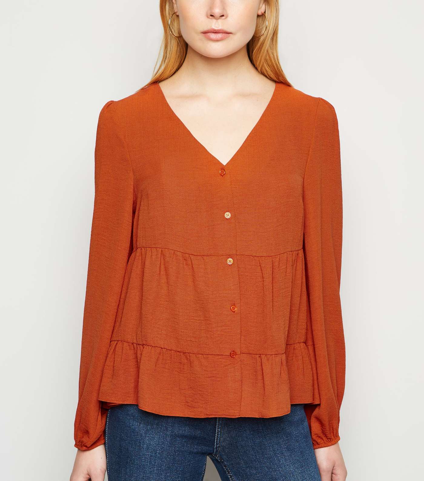 Rust Tiered Button Up Long Sleeve Blouse