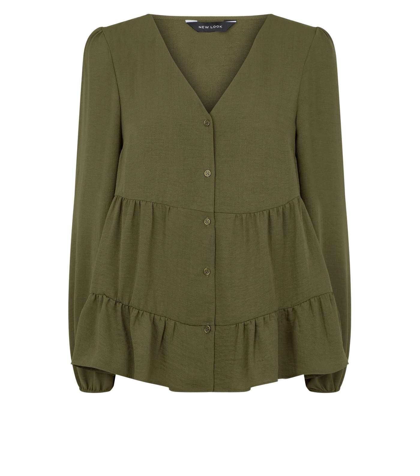 Khaki Tiered Button Up Long Sleeve Blouse Image 4