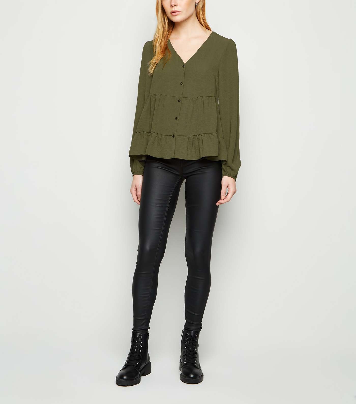 Khaki Tiered Button Up Long Sleeve Blouse Image 2