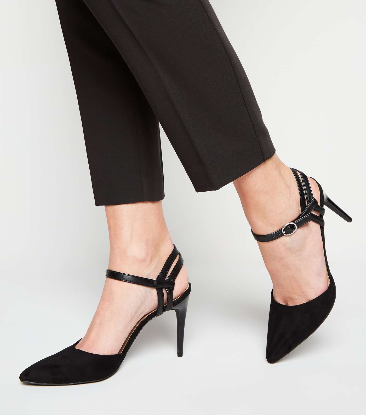 Black Suedette Strappy Pointed Court Shoes Image 2