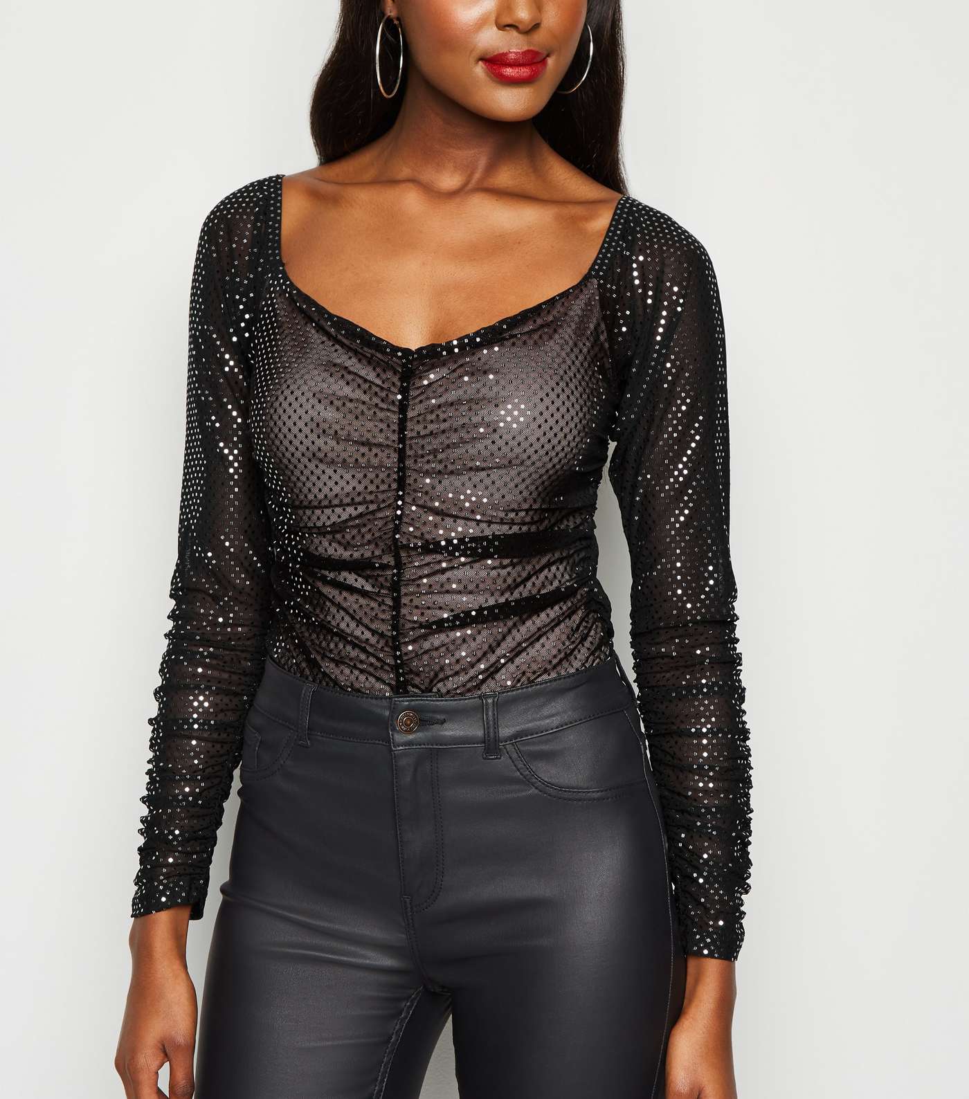 Missfiga Black Sequin Ruched Bodysuit