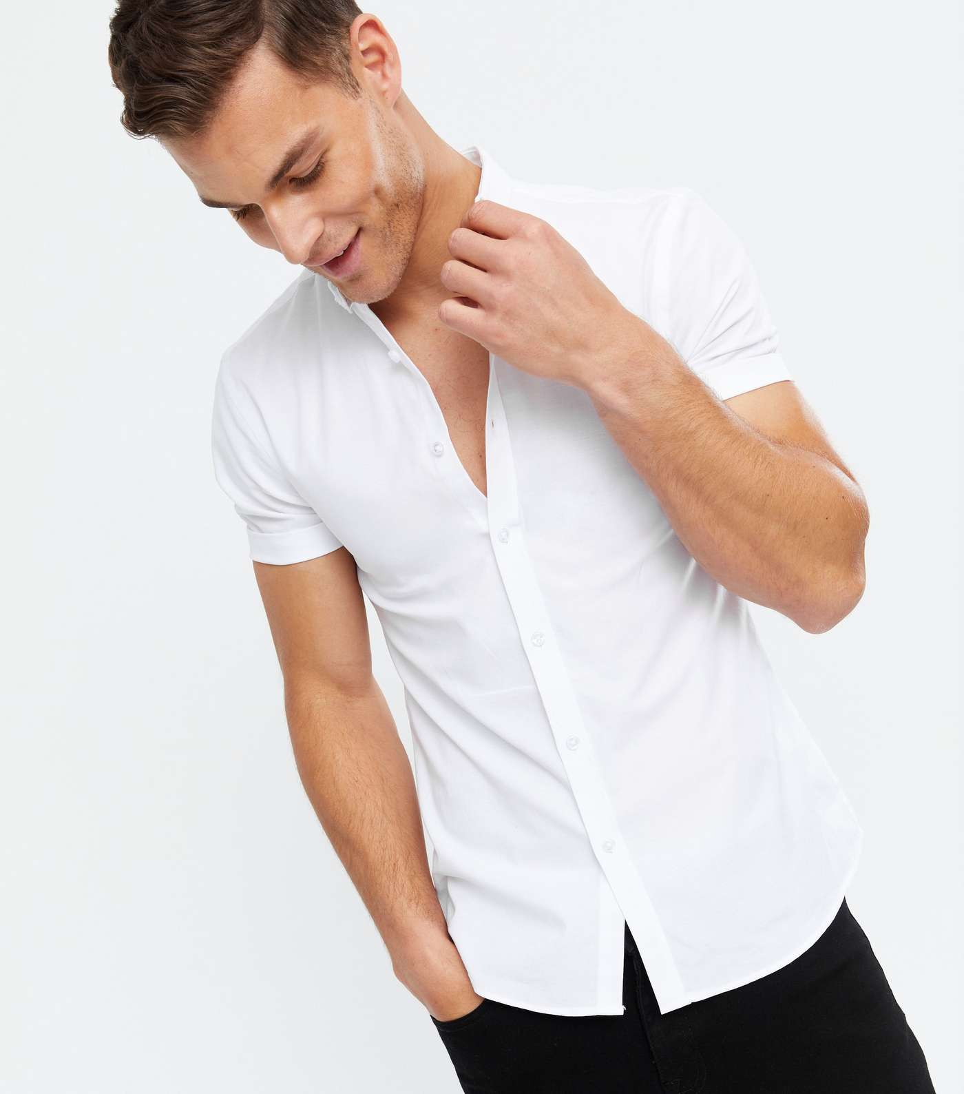 White Muscle Fit Short Sleeve Oxford Shirt