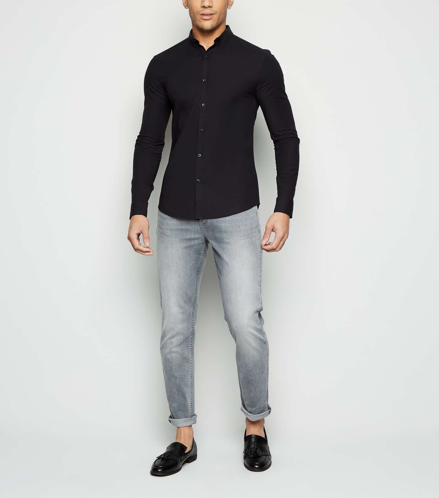 Black Muscle Fit Long Sleeve Oxford Shirt Image 2