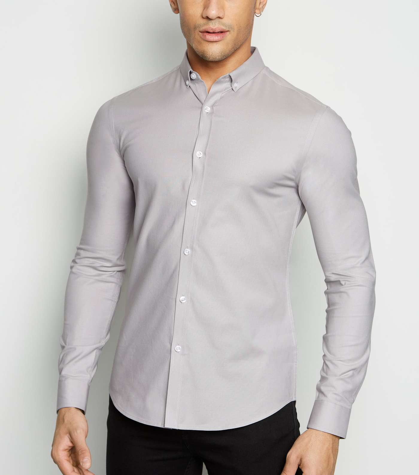 Pale Grey Muscle Fit Long Sleeve Oxford Shirt