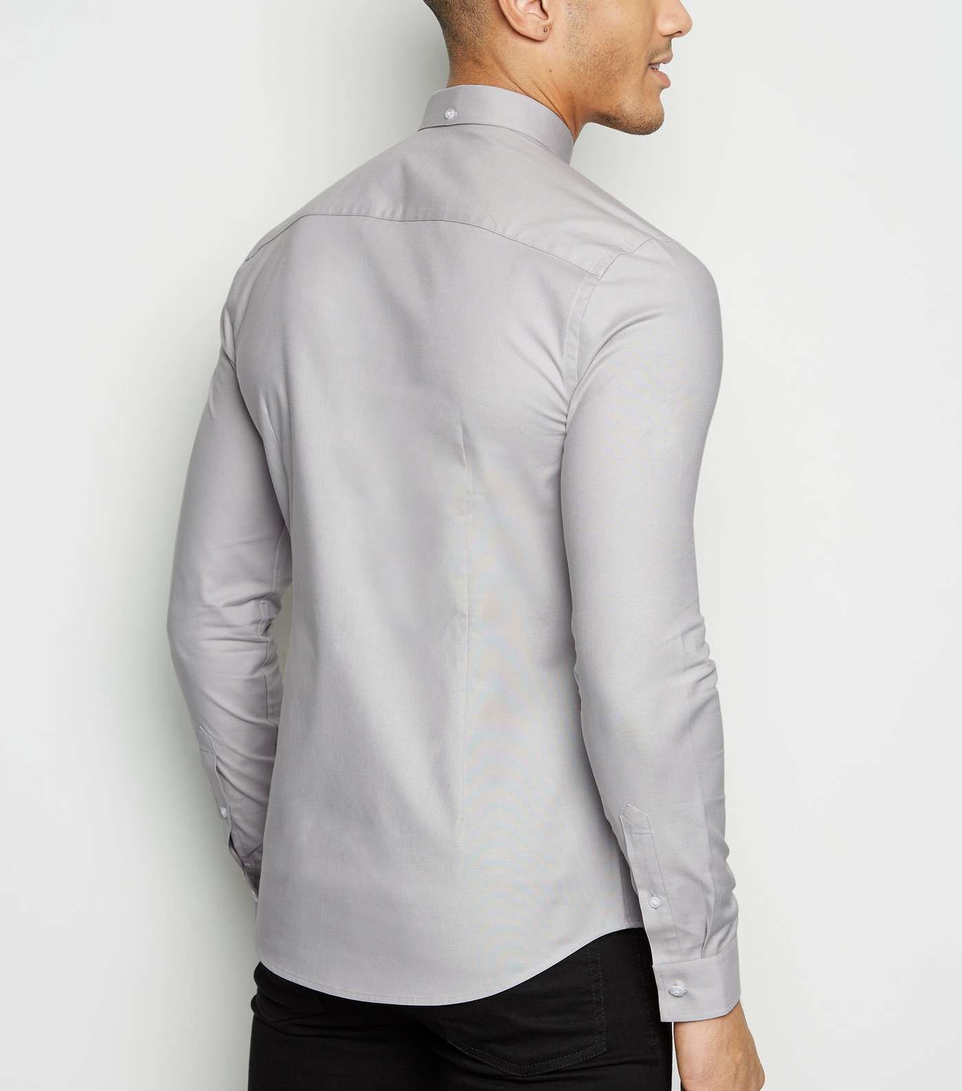 Pale Grey Muscle Fit Long Sleeve Oxford Shirt Image 3