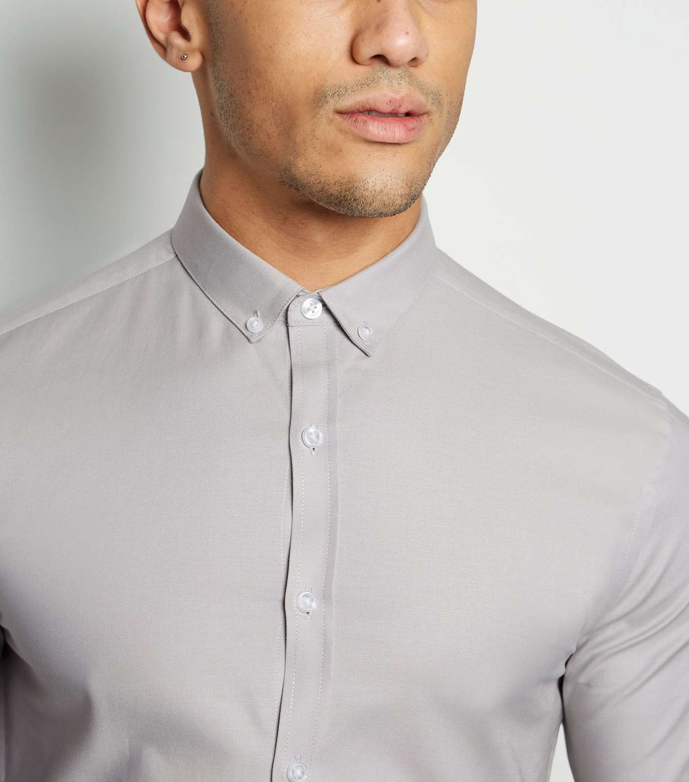 Pale Grey Muscle Fit Long Sleeve Oxford Shirt Image 5