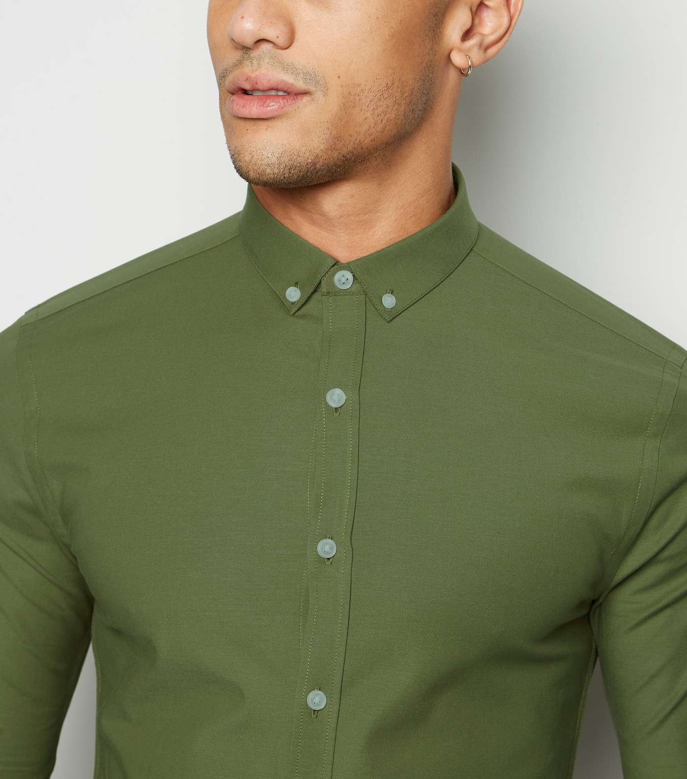 Khaki Muscle Fit Long Sleeve Oxford Shirt Image 5
