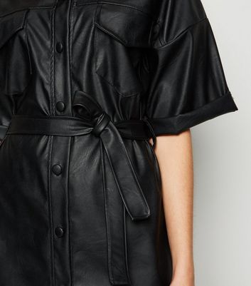 black leather look shirt dress