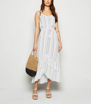 Image of White Stripe Ruffle Dip Hem Midi Beach Dress New Look
