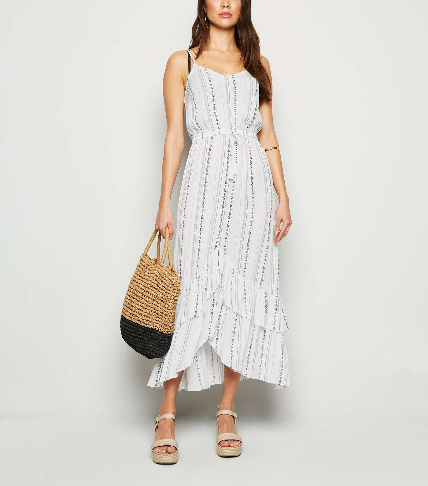 White Stripe Ruffle Dip Hem Midi Beach Dress